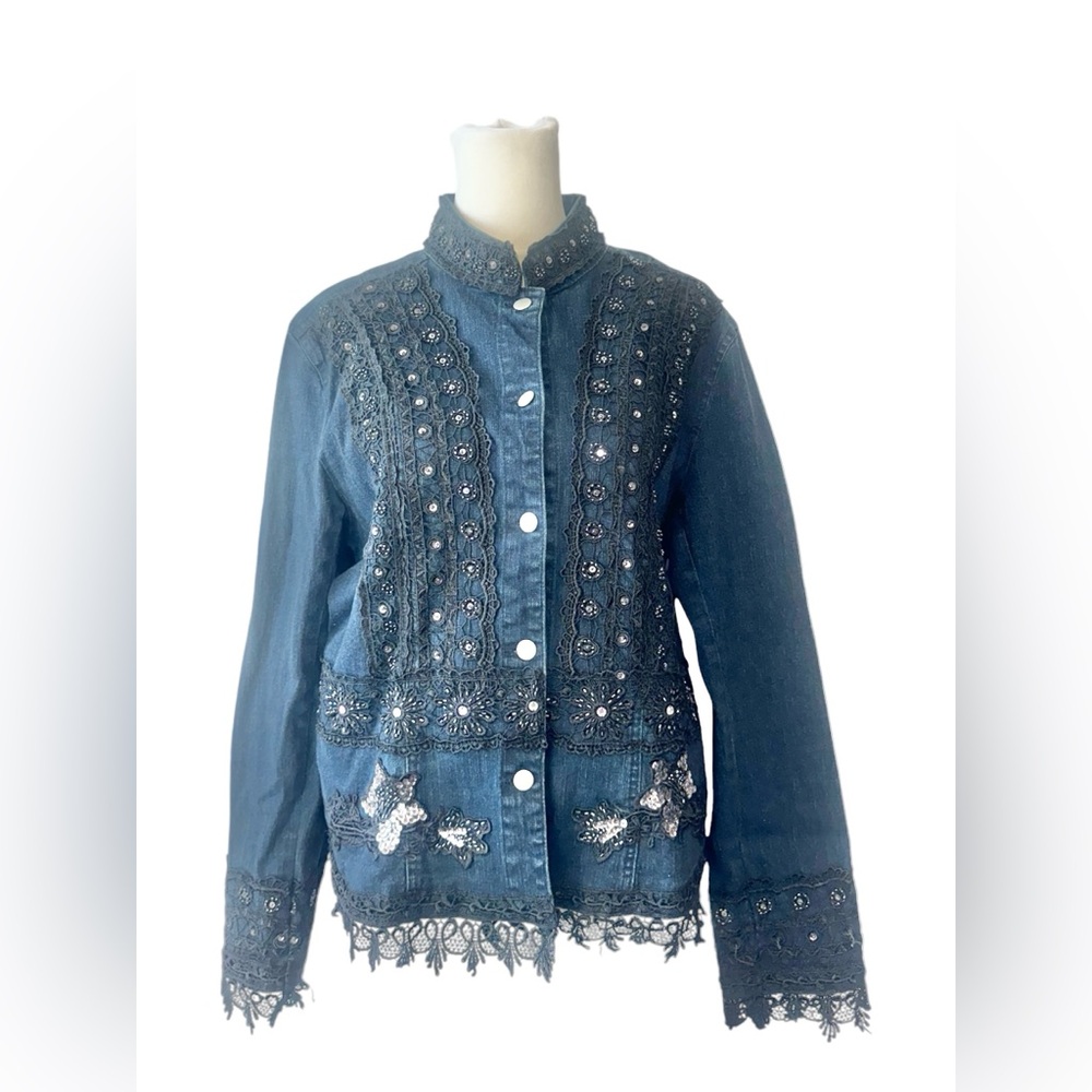 Urban Tribe Denim Embellished Embroidered Lace Jacket Boho L** Festival Hippie